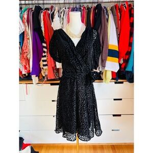 DKNY Wrap Dress Womens 12 Black‎ Polka Dot Burnout Velvet Puff Sleeve A-Line